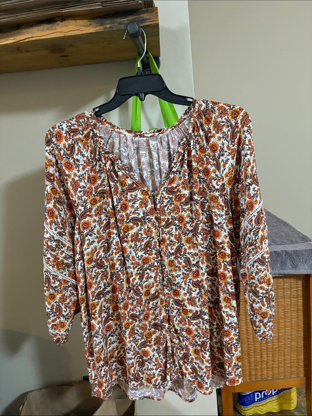 Boho Button-Front Peasant Top - White with Rust Floral